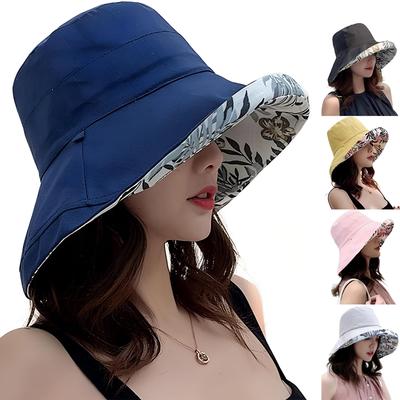 Wide Brim Cotton Summer Hat Women Packable Reversible Floral Bucket Hat UV Sun Protection Wide Brim Summer Beach Cap Double Sided Floppy Sun Hats