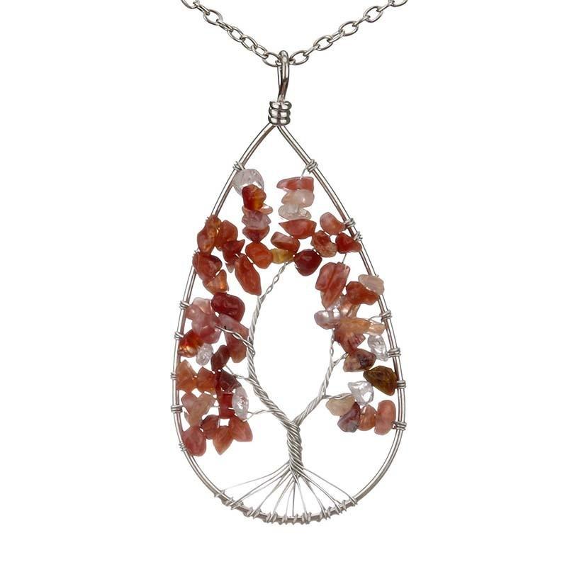 Handmade Winding Silver Natural Stone Crystal Water Drop Shaped Tree Of Life Necklace Colorful Stone Pendant Necklace N30