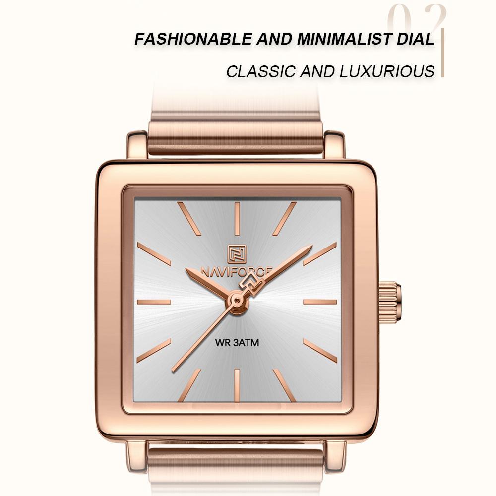 Naviforce Original Women Watch Square Dial 30m Waterproof Stainless Steel Strap Quartz Watch Casual Fashion Elegant Ladies Wristwatch NF5048