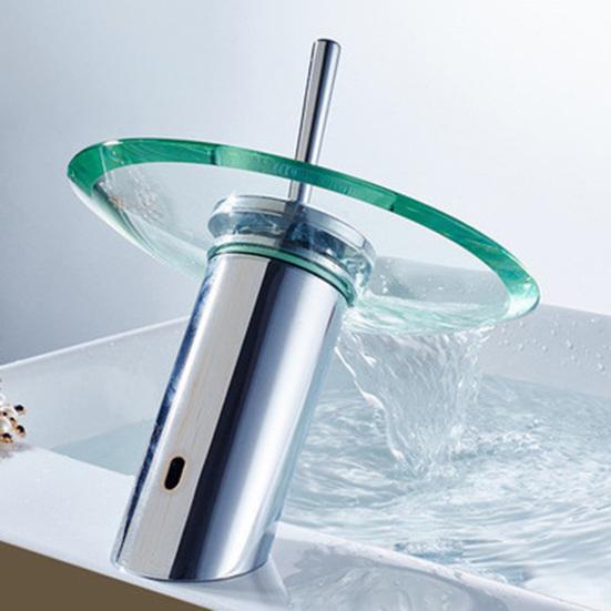 Waterfall Bathroom Sink Faucet 1 Handle Single Hole Glass Basin Tap Water Switch