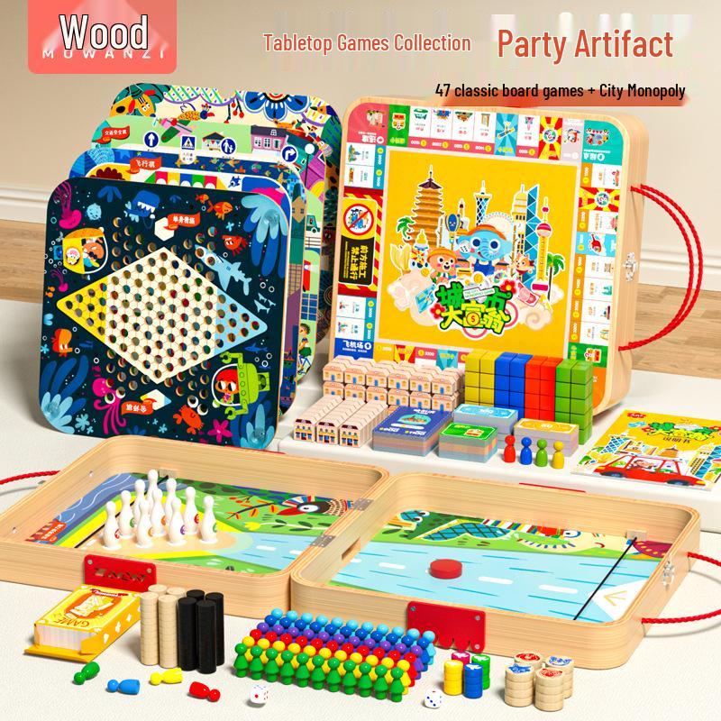 

Набор настольных игр 47 в 1 из дерева: Шахматы, Шашки, Людо, Гомоку и Монополия для детей.