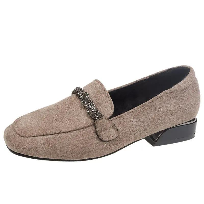Damen Wildleder Flache Einzelne Schuhe Frühling Neue Mode Damen Quadratische Zehenpartie Weiche Sohle Loafer Vielseitig zum Hineinschlüpfen Schwarze Abriebfeste Schuhe