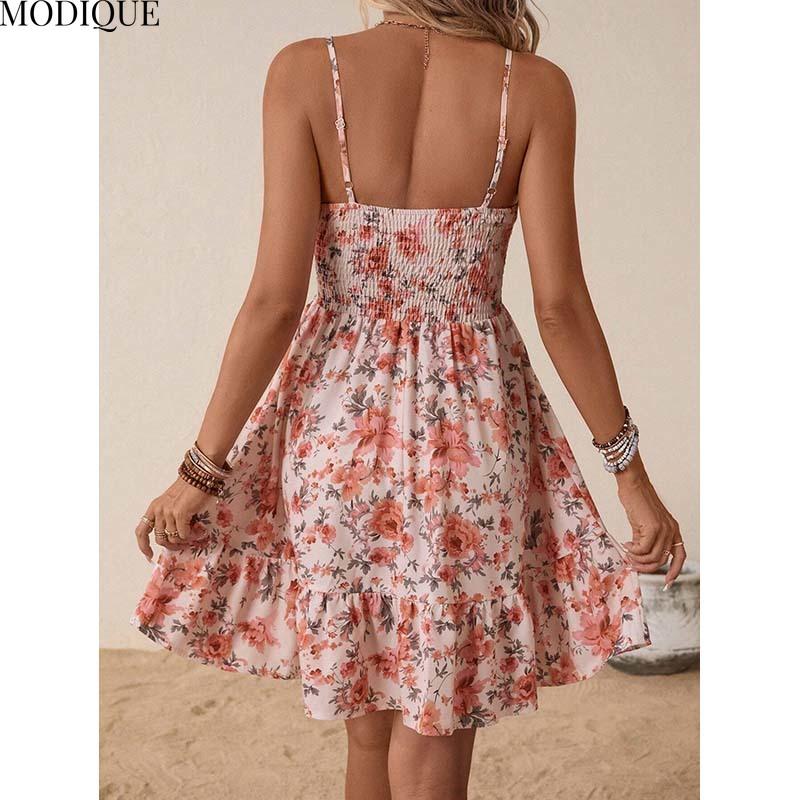 MODIQUE 2025 Summer New Women's Sexy Floral Print Elastic Waist Slip Short Dress Ladies Elegant A-Line Sleeveless Dress Adjustable Shoulder Stra