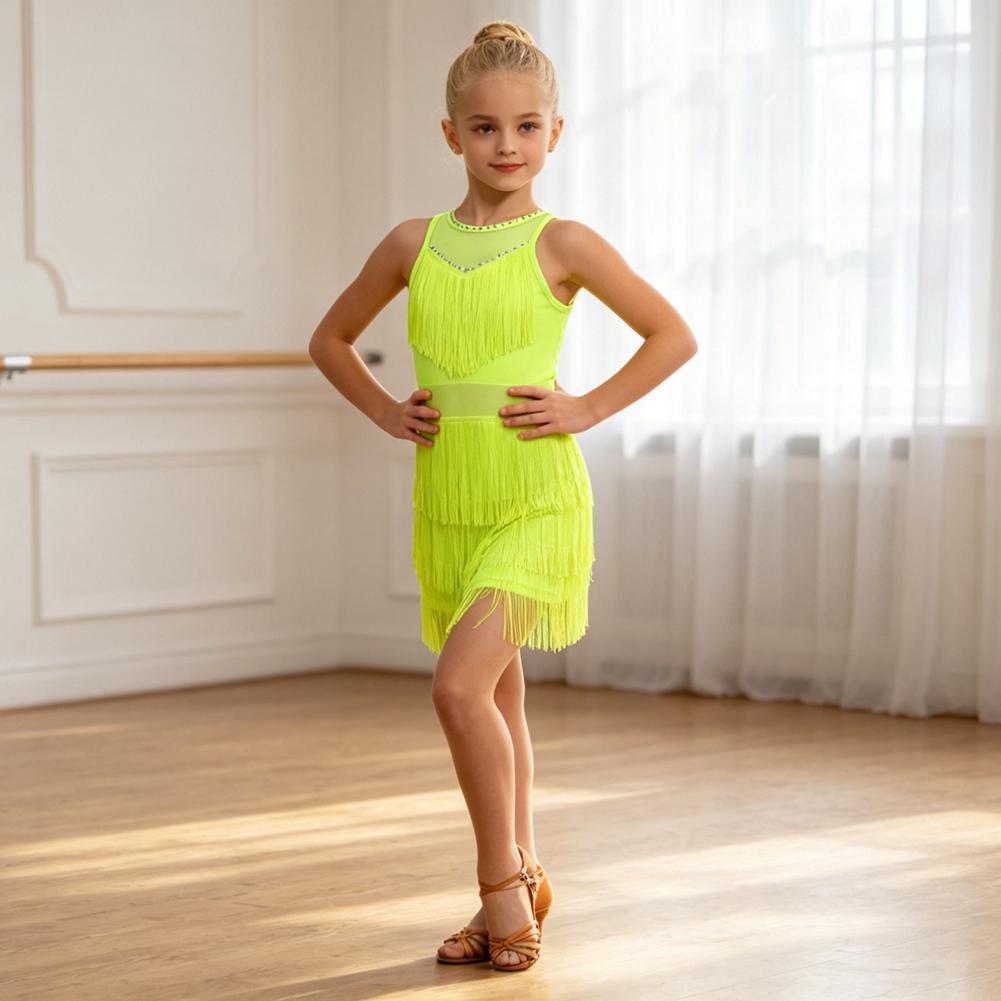 3-14 Years Kids Girls Sleeveless Fringed Latin Dance Dress 150