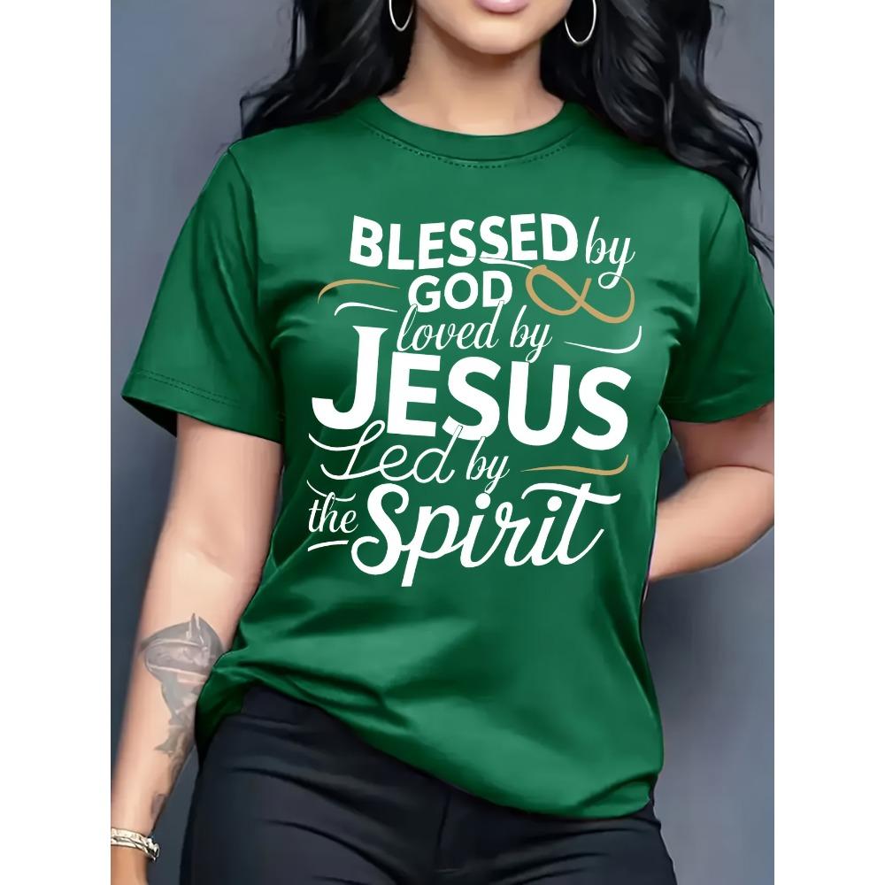 

Women Cotton Short Sleeves T-shirts Blessed By God Loved By Jesus Women s Tee Christian Faith Green Top S