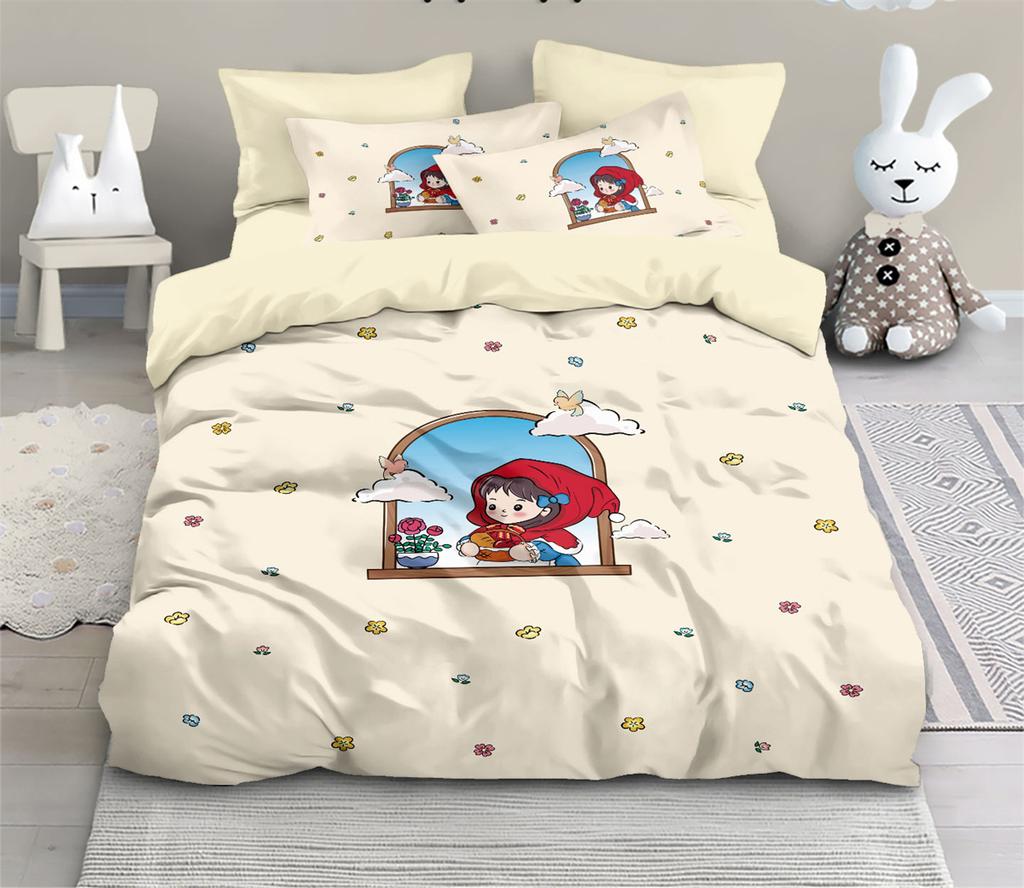 Cute Cartoon Red Hat Girl Print Bedding Sets Twin King Queen Full 2pcs Quilt Cover and Matching Pillowcases 75*50 for Kids Girls