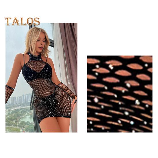 Women Nightdress Gloves Set See through Hollow Out Fishnet Lace Shiny Rhinestone Decor Sheath Skinny Backless Bedroom Honeymoon Sleepwear