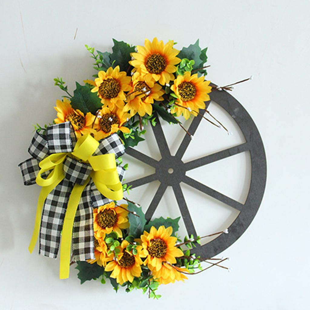Słonecznikowa Girlanda z Kokardek Ozdoby Sztuczny Kwiat Drewniane Koło Wiszące na Drzwi Dekoracja Ścienna