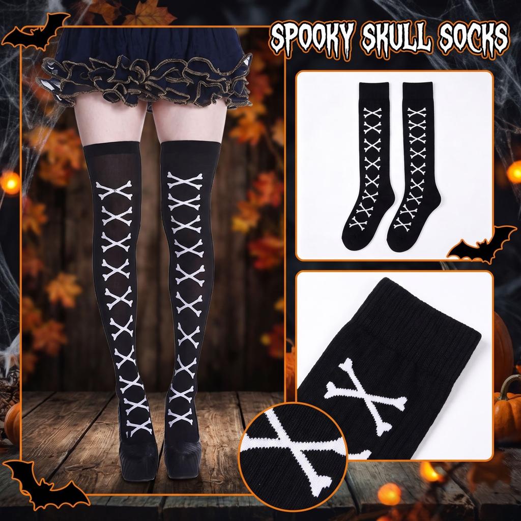 Černé punčochy nad kolena s halloweenským potiskem pro ženy - Gotické podkolenky pro kostýmy