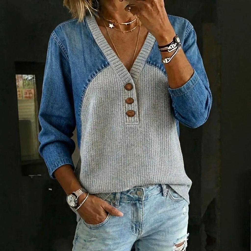 Top Blusa Casual Moda Donna Patchwork Maglia di Jeans Scollo a V Bottoni