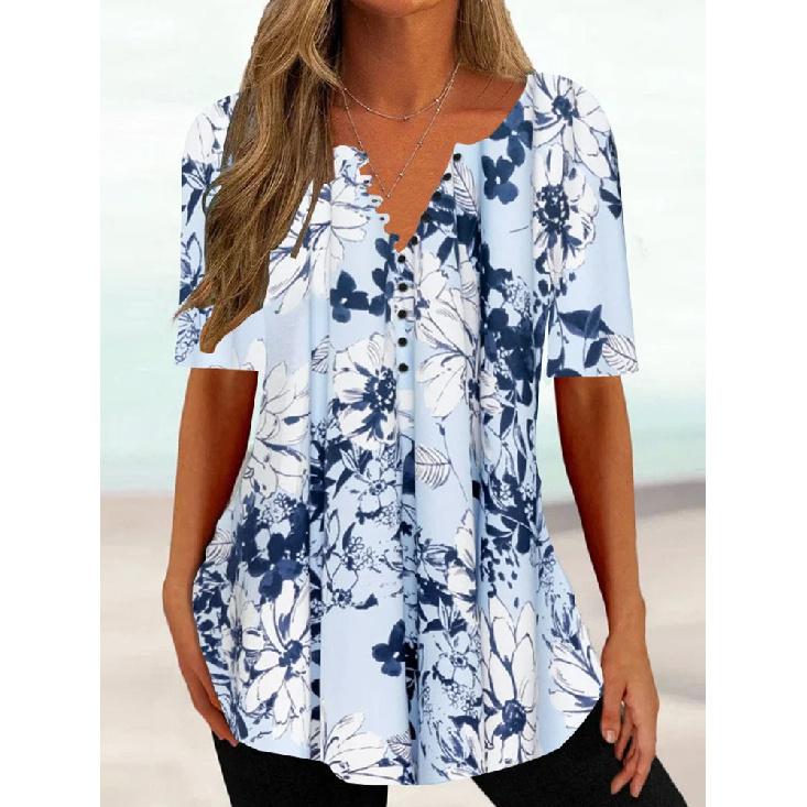 Simple Women'S Short Sleeve 3D Flower Print Clothes Beautiful V Neck Short Sleeve T-Shirt Trendy Fashion Women'S Streetwear