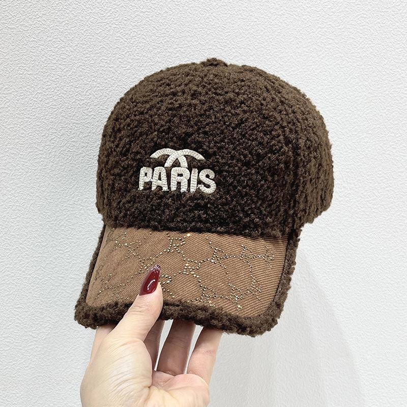 Fashion Embroidery Letter Baseball Cap Women's Winter Warm Rhinestone Lamb Feather Cap