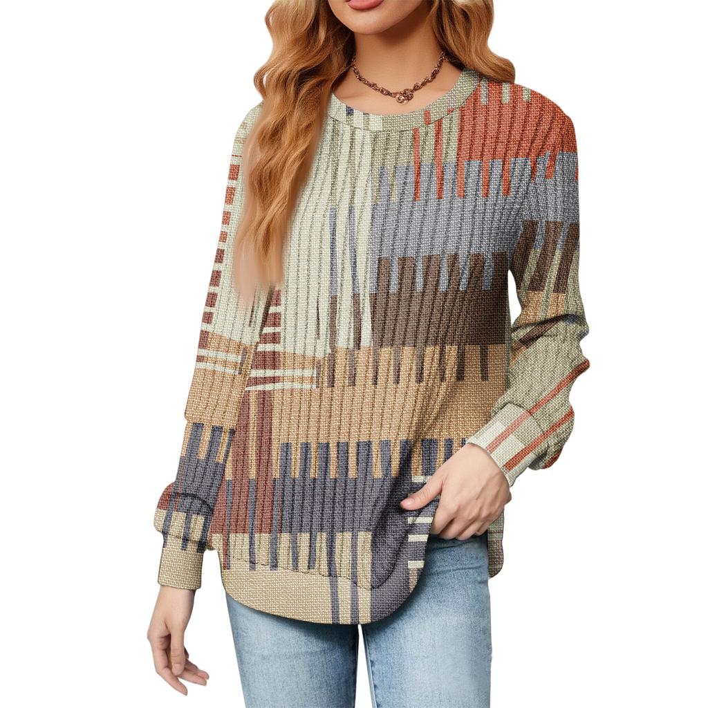 Fashionable Women's Long Sleeved Checkered Striped Printed Lightweight Sweater With Loose Round Neck Top