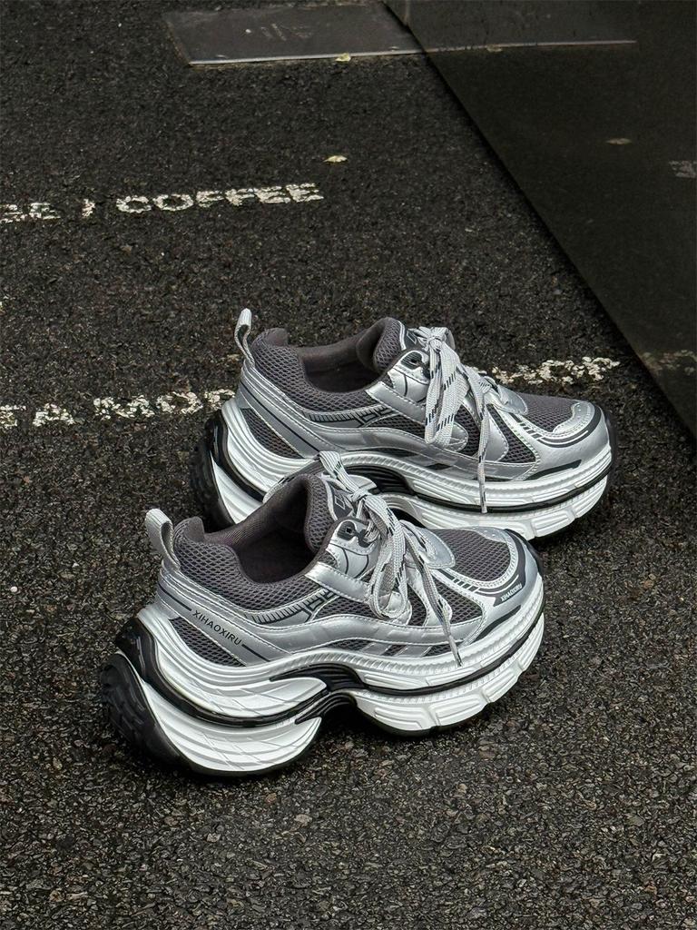 thick-soled leather dad shoes women's autumn new casual sports shoes small height increase color matching mesh breathable