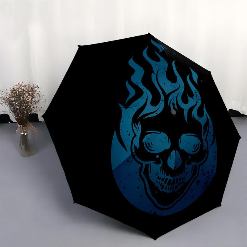 1pc Flame Skull Automatic Open/close Folding Compact Umbrella, 8-Rib Sturdy Canopy, Lightweight Portable, Everyday Use, Gift,040