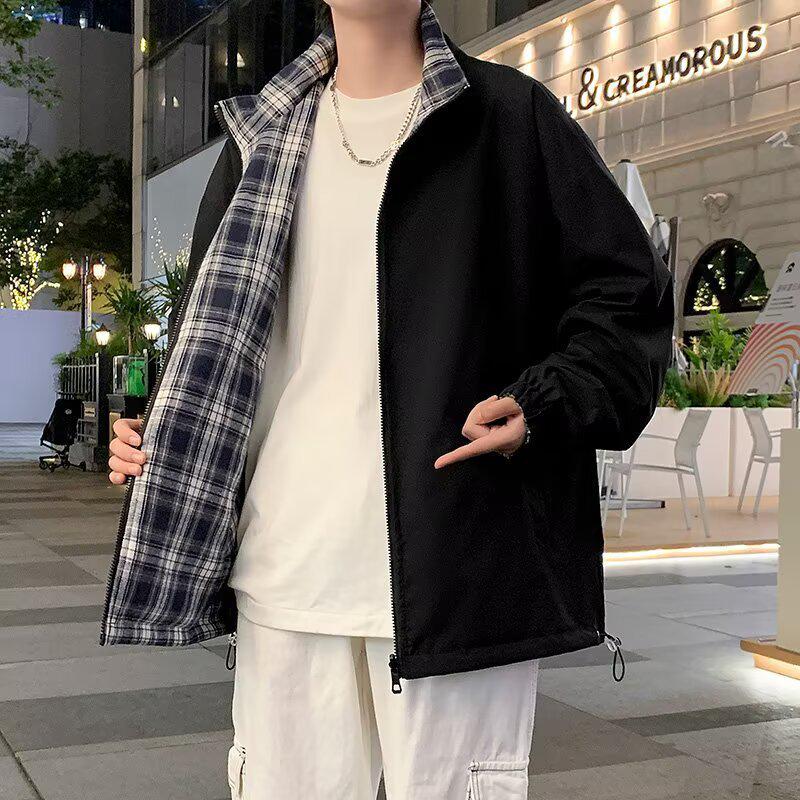 

Мужская клетчатая двусторонняя куртка со стойкой - Весенне-осенняя трендовая повседневная верхняя одежда для пар L