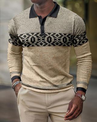 Stylish Long Sleeve Polo Shirt with Tribal Geometric Pattern
