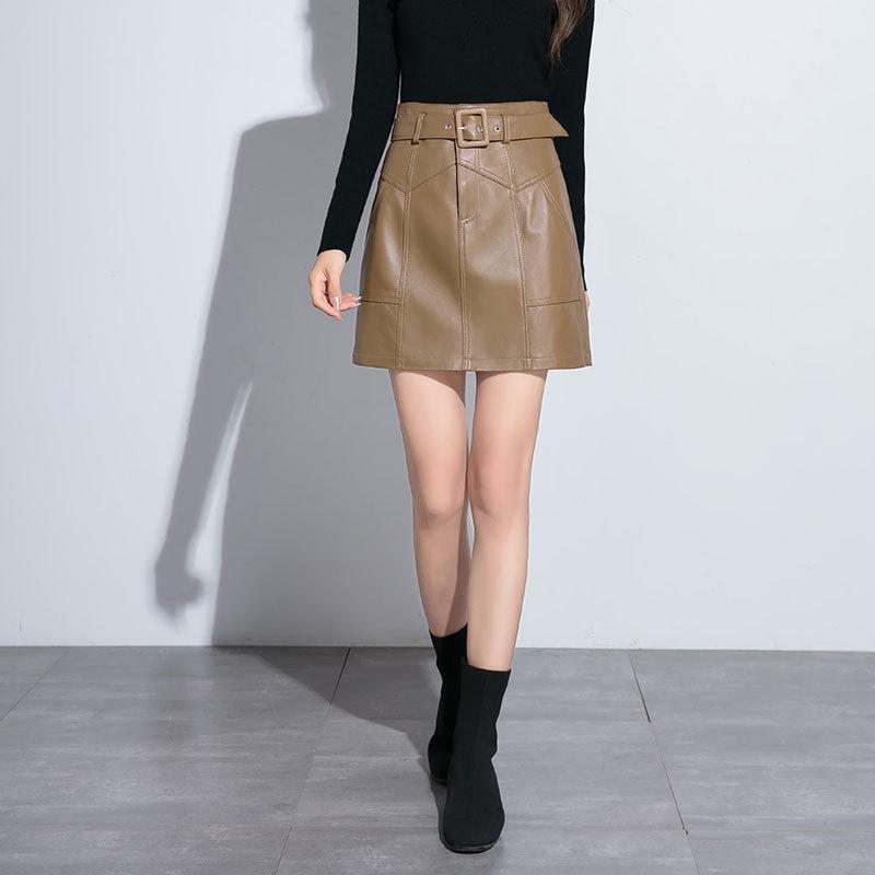 

2025 Autumn/Winter Women s Genuine Lambskin A-line High-Waisted Slimming Midi Skirt 5XL кофейный