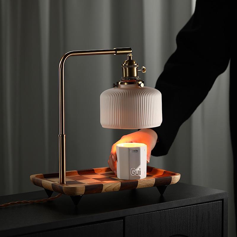 Elegant Aromatherapy Wax Melt Lamp - Luxury Wood, Brass & Ceramic, Smokeless & Adjustable for a Romantic Atmosphere