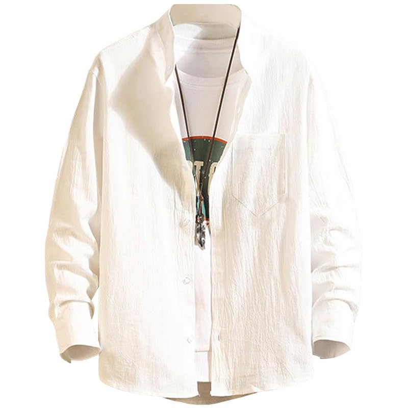 

[OKJCON] shirt men s long sleeve spring casual Fashionable cotton linen Plain color Relaxing business big size (JP, alphabet, 2XL, white)
