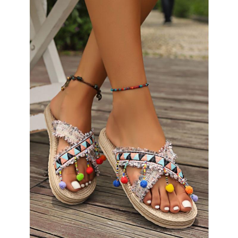 Women's Large Size Tassel Bohemian Style Extra Wear Ethnic Style Shoes Beach Wedge Roman Slippers