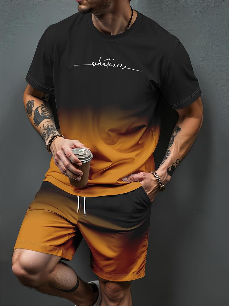 Gradient Letter Pattern 3D Print Tracksuits Men Casual Short Sleeve T-Shirt Shorts Sets 2pcs Sportswear Suits Man Clothing