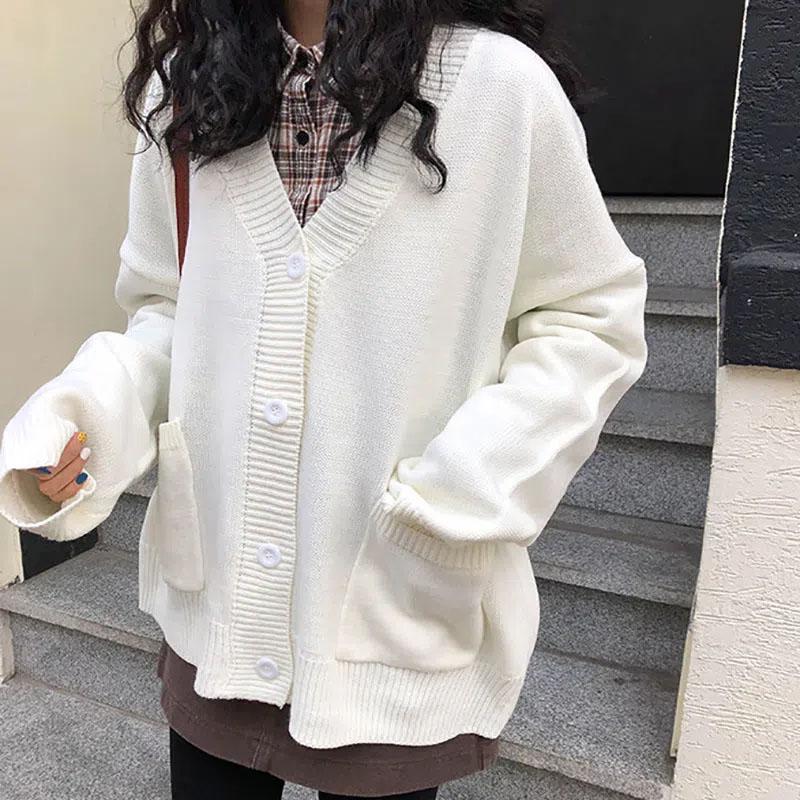 Autumn and Winter Knitted Cardigan Coat Women's V-neck Top Loose Mid-length Design Sweater Shawl Outside