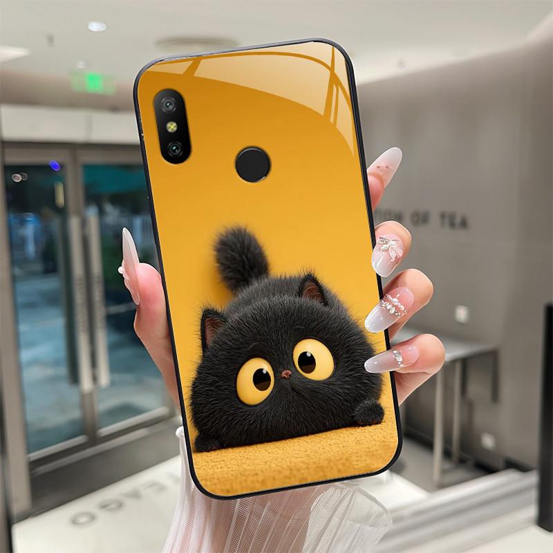 Beautiful Flower Cute Cartoon Cats Case For Xiaomi Mi A2 / Mi A2 Lite Tempered Glass Phone Case Protective Back Cover Hard Shell