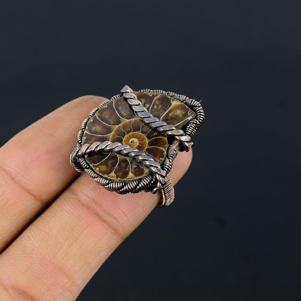 Ammonite Fossil Gemstone Copper Wire Wrapped Handmade Jewelry Ring