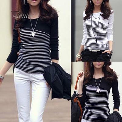 Global Selling Women Stripe Print Long Sleeve Round Neck T-Shirt Slim Fit Top