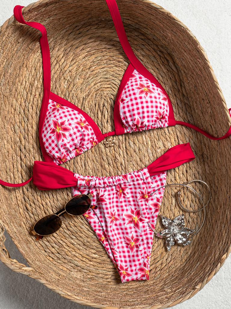 Print Triangle Cup Tie Side Low Waist Sexy Two Piece Bikini Set Elegant