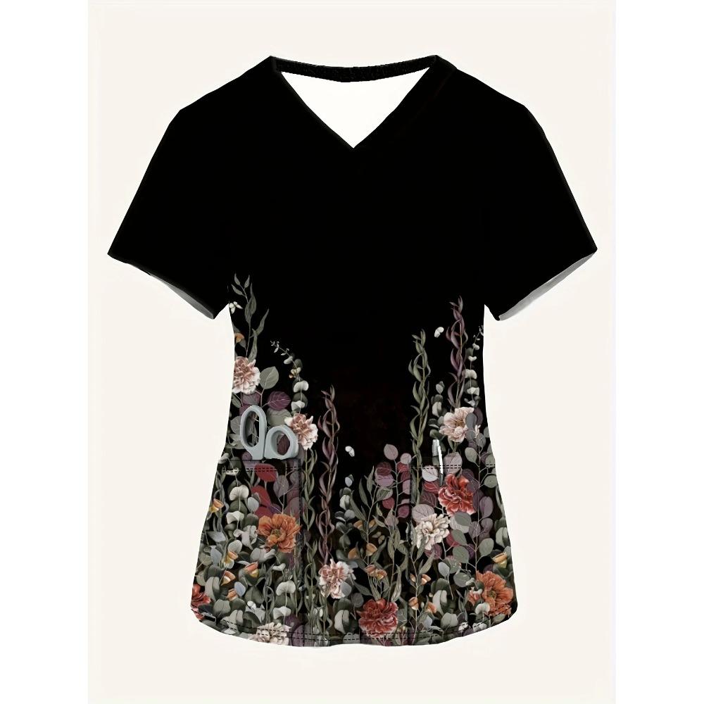 Surgical Uniforms Woman Women's Cute Cartoon Dog Print V-Neck Short Sleeve Top - Breathable Summer Shirt with Pockets