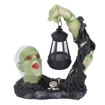 Horror Skull Statue Lantern Green Color Resin Solar Powered Lantern Scary Decor for Yard