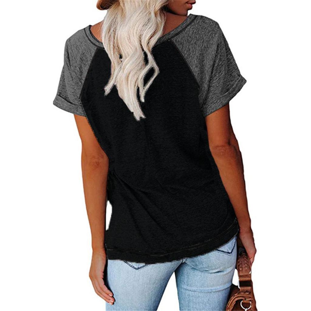 Women's Color Block V-Neck Button Decor Loose Short Sleeve T-shirt Casual Women's Top