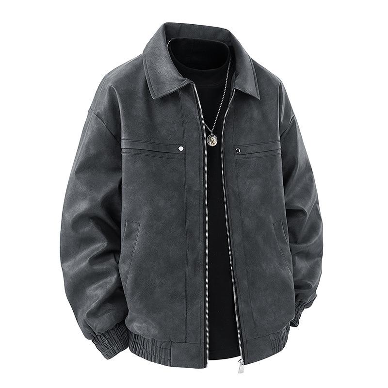 Mens American Vintage Solid Color Turn Down Collar Loose Jacket Outerwear
