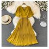 Summer new V-neck short-sleeved dress over the knee slim-fitting pleated temperament lady waist lace-up big pendulum mid-length dress