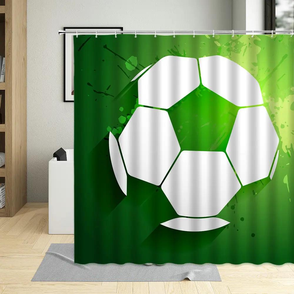 Football Sports Design Shower Curtain, Polyester Fabric, Waterproof, Boys Home Decor, Screens with Hooks, Cartoons Bathroom