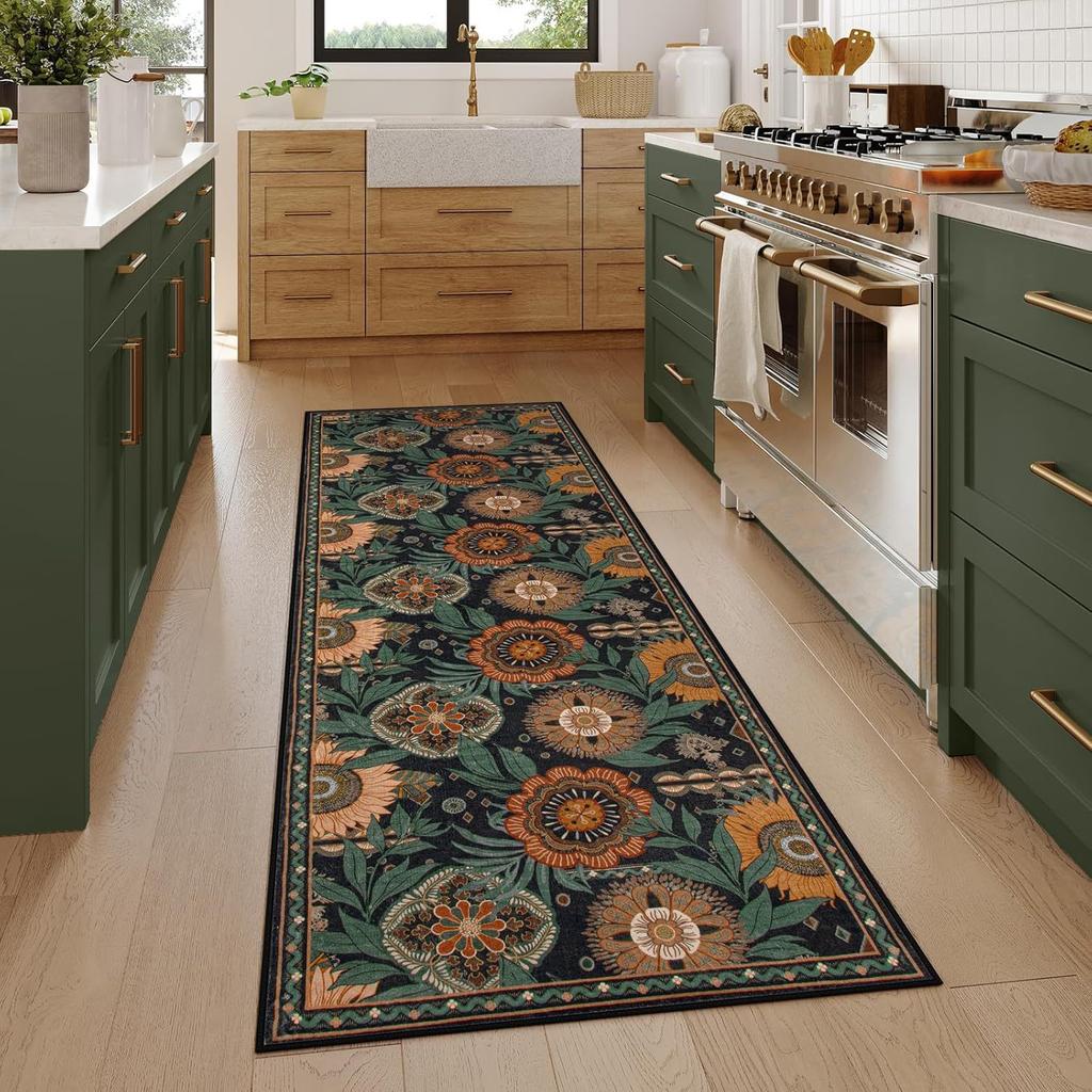 Vintage Floral Pattern Runner Rug Plant Decor Hallway Long Carpet Absorbent Anti-slip Door Mat for Bedroom Entryway Bathroom