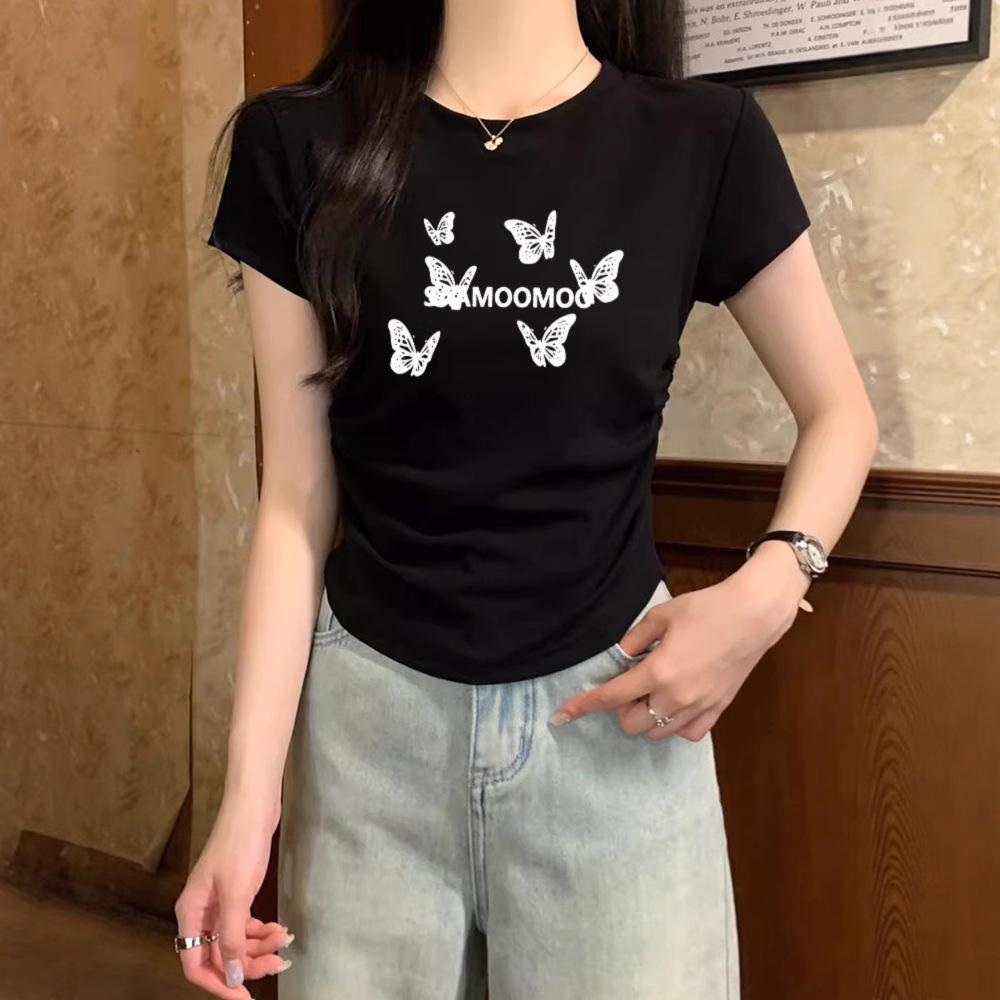 New American front shoulder pinch waist fold slim fit short sleeve T-shirt butterfly print high-end top women