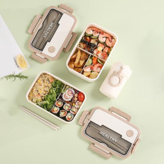 1 Set 1000/1500ML Lunch Box 3 Grids Hidden Handle Buckle Closure Dust-proof Lid Heat Resistant