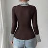 Women's Fashion Long Sleeve Casual Pullover Shirt Two Piece Look V Neck Layered Collar Top Slim Fit Lightweight