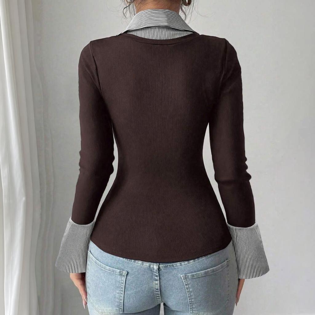 Women's Fashion Long Sleeve Casual Pullover Shirt Two Piece Look V Neck Layered Collar Top Slim Fit Lightweight