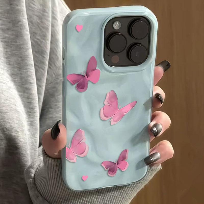 Advanced Pink Butterfly Phone Case for iPhone 17 16 15 14 13 11 12 Pro Max Plus 17 Air Folds Texture Shockproof Soft Cover