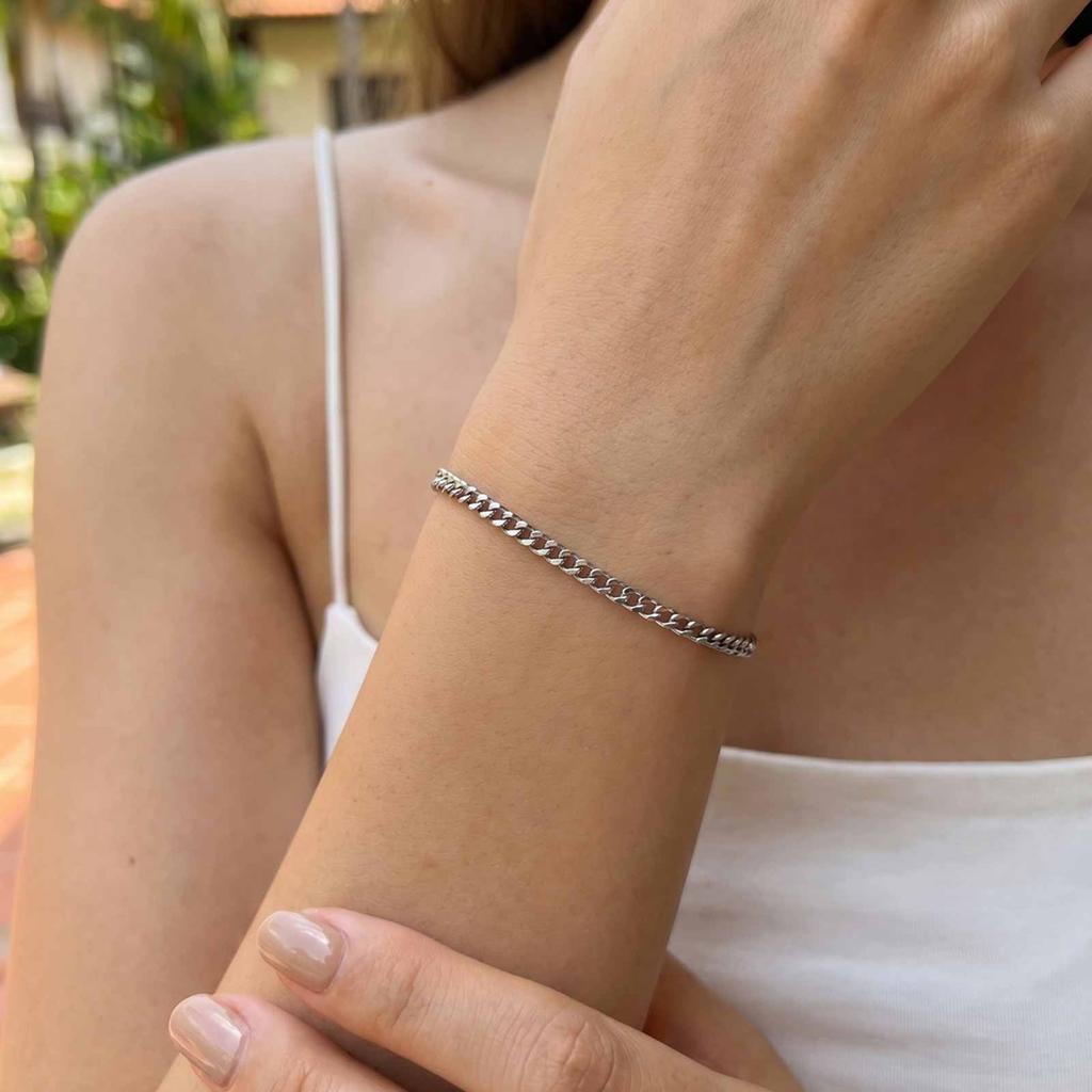 Minimalist Silver Color Link Bracelet for Women Stainless Steel Cuban Chain Bracelet Stackable Wrist Jewelry Waterproof