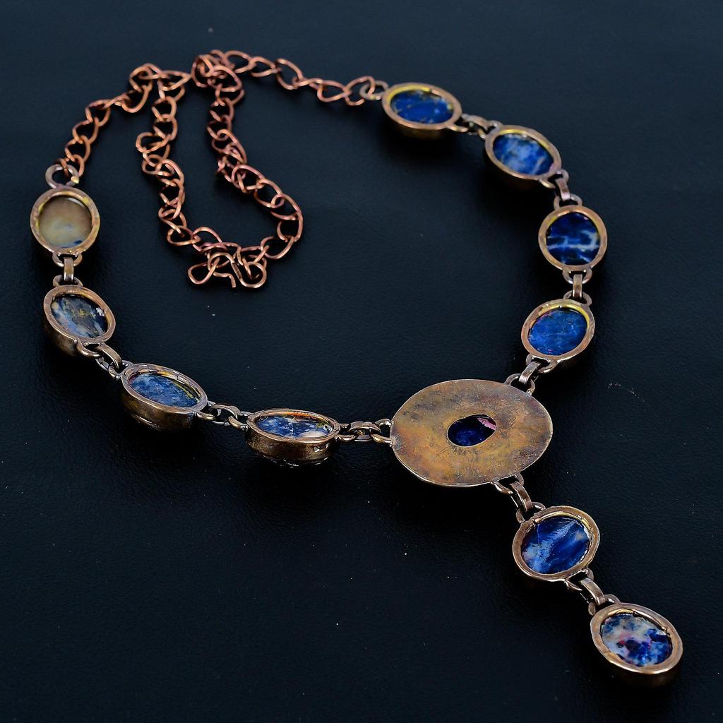 Sodalite Copper Electroformed Necklace with Adjustable Chain, Handmade Gemstone Jewelry Necklace For Memorial Day
