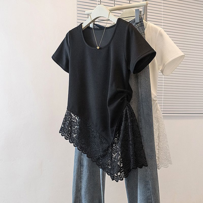 Women Round Neck Asymmetrical Lace Spliced Short Sleeve Casual Top