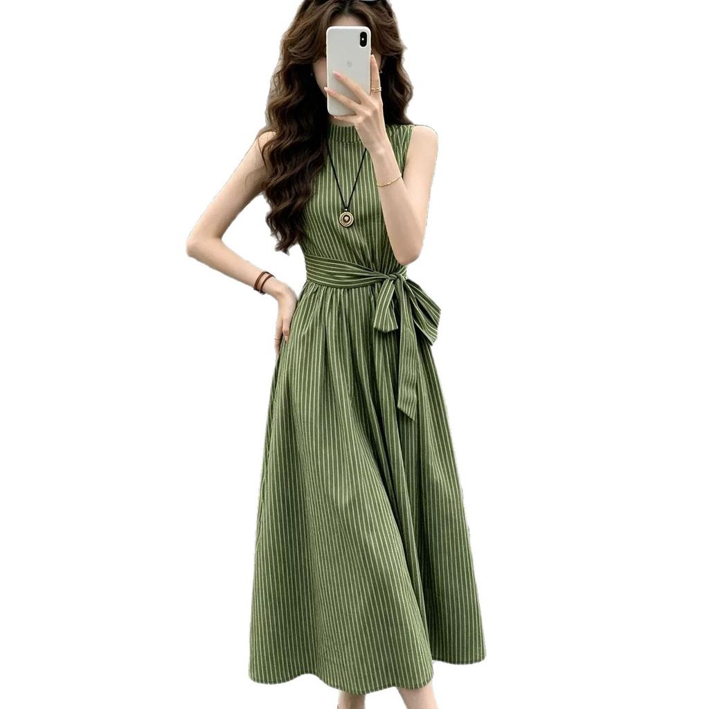 French Gentle Wind Green Striped Sleeveless Vest Dress Summer Simple and Generous Waist a Word Small Skirt