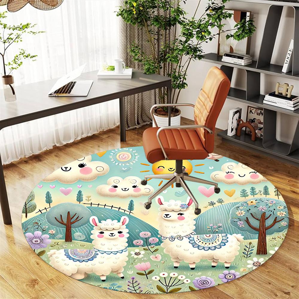 1pc Llama Flowers Round Chair Mat Area Rug - Non-Slip, Floor Mat for Office, Bedroom, and Indoor Decor -1002047