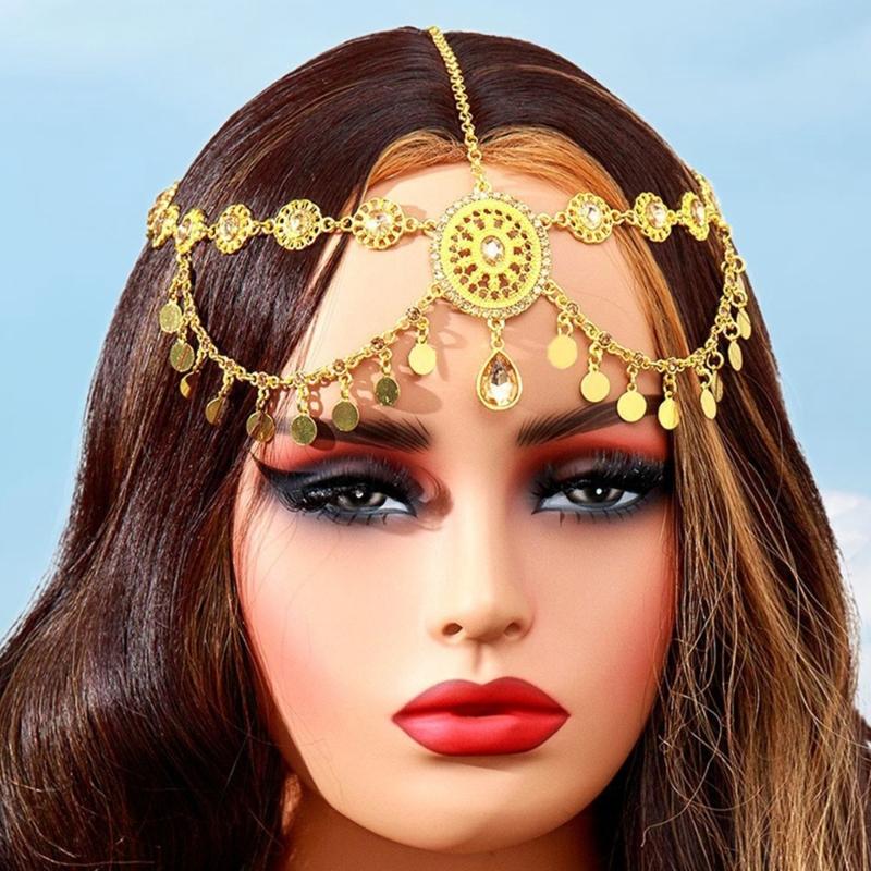 Indian Bridal Head Chain Gold Color Coin Tassels Rhinestones Headdress for Women Wedding Accessories Casual Wear
