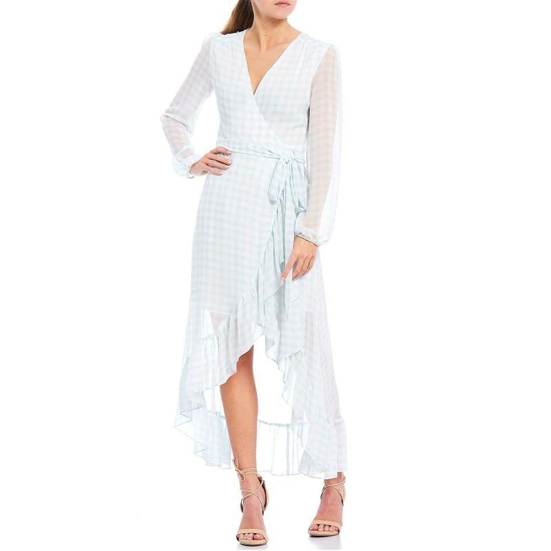 

WAYF Fresh Blue and White Grid Design Asymmetrical Elegant Flounced Skirt Swing Stomach Blanket Style Long Sleeves Dress Light Blue White Pair M